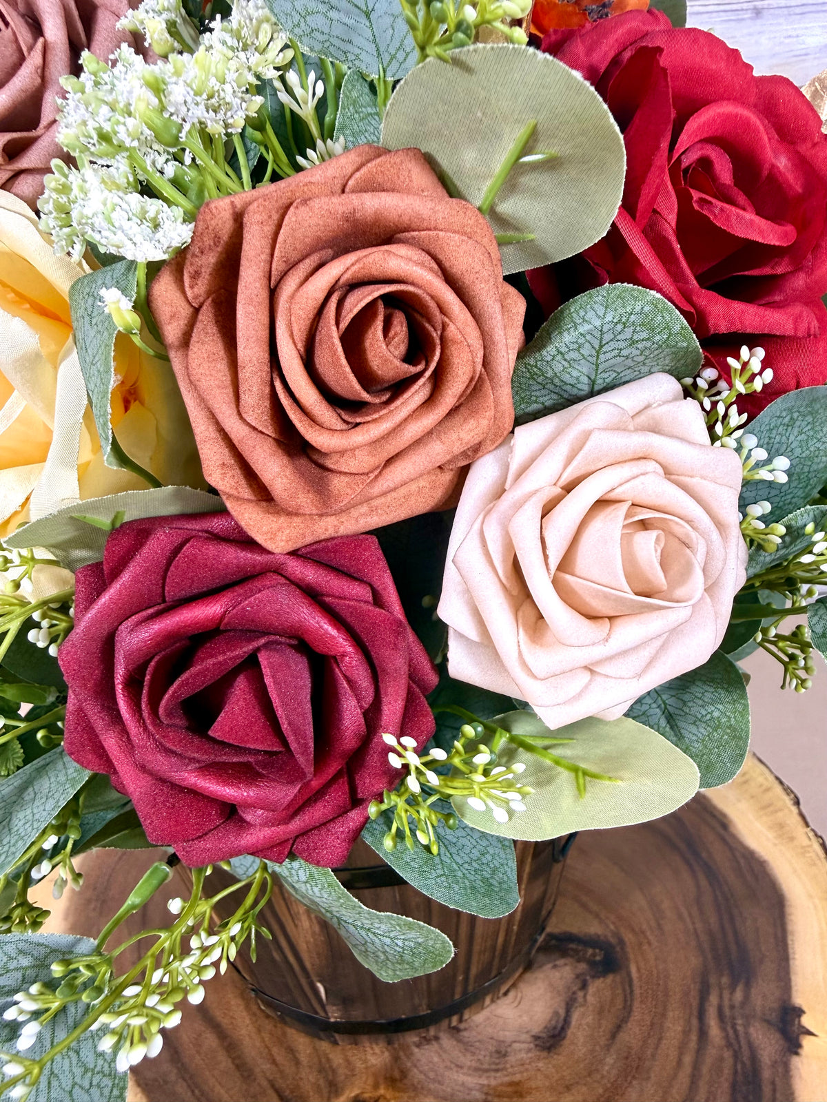 Burgundy & Cream Fall Floral Arrangement in Wooden Barrel