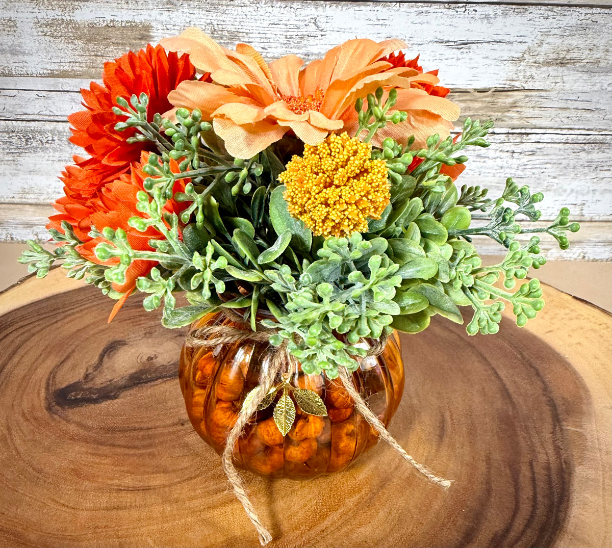 Small Fall Pumpkin Floral Arrangement – Orange & Peach Autumn Flowers