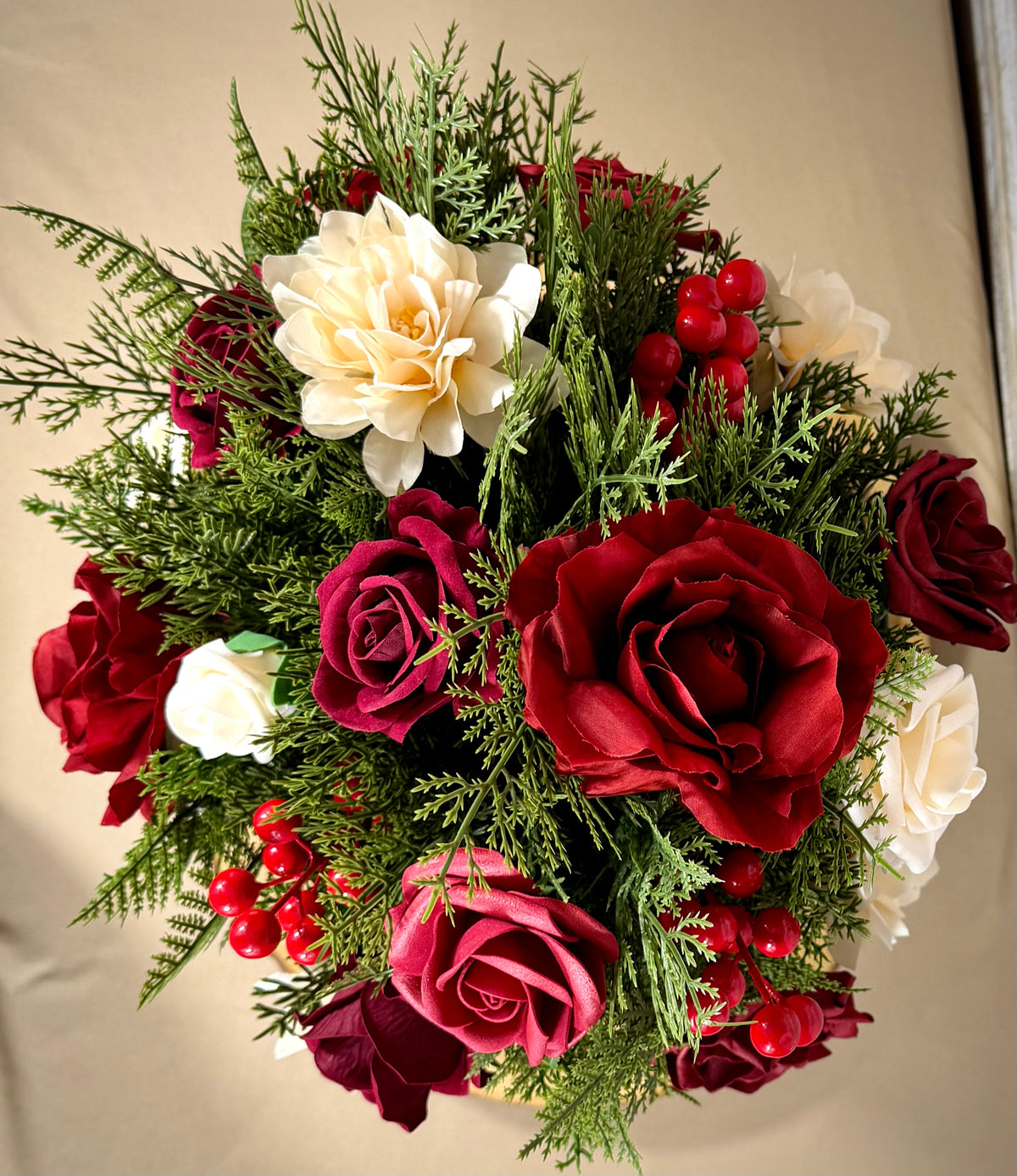 Christmas Rose Floral Arrangement | Red & White Holiday Centerpiece