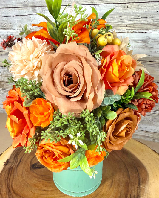 Orange & Yellow Floral Arrangement in Teal Metal Bucket