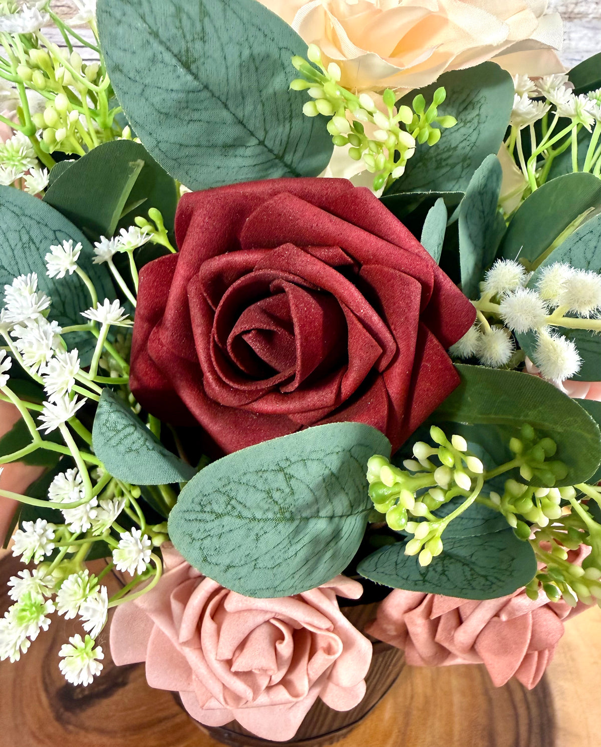 Handmade Floral Arrangement – Blush Pink & Mauve Flowers, Wooden Barrel Bucket