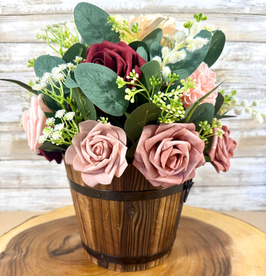 Handmade Floral Arrangement – Blush Pink & Mauve Flowers, Wooden Barrel Bucket