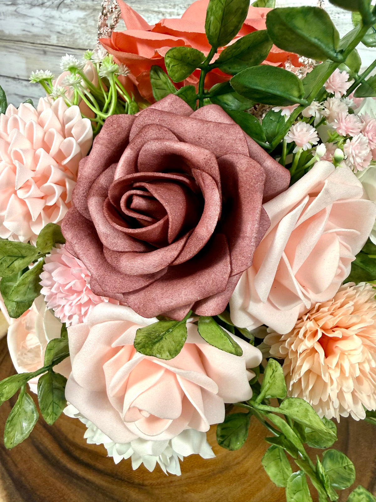 Handmade Floral Arrangement – Blush Pink & Mauve Roses, Wooden Barrel