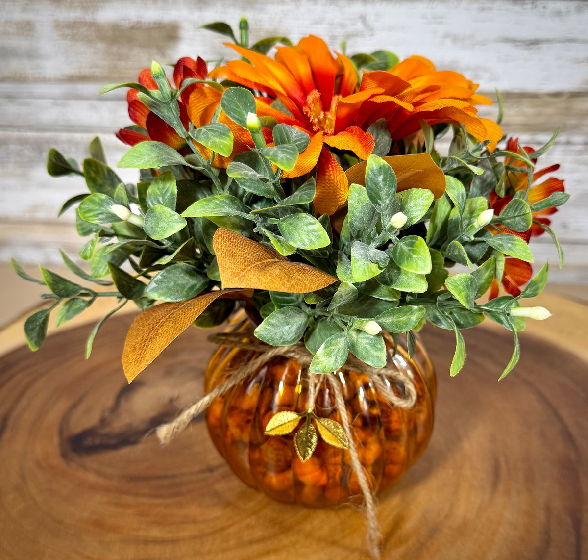Small Fall Pumpkin Floral Arrangement – Orange & Rust Autumn Flowers
