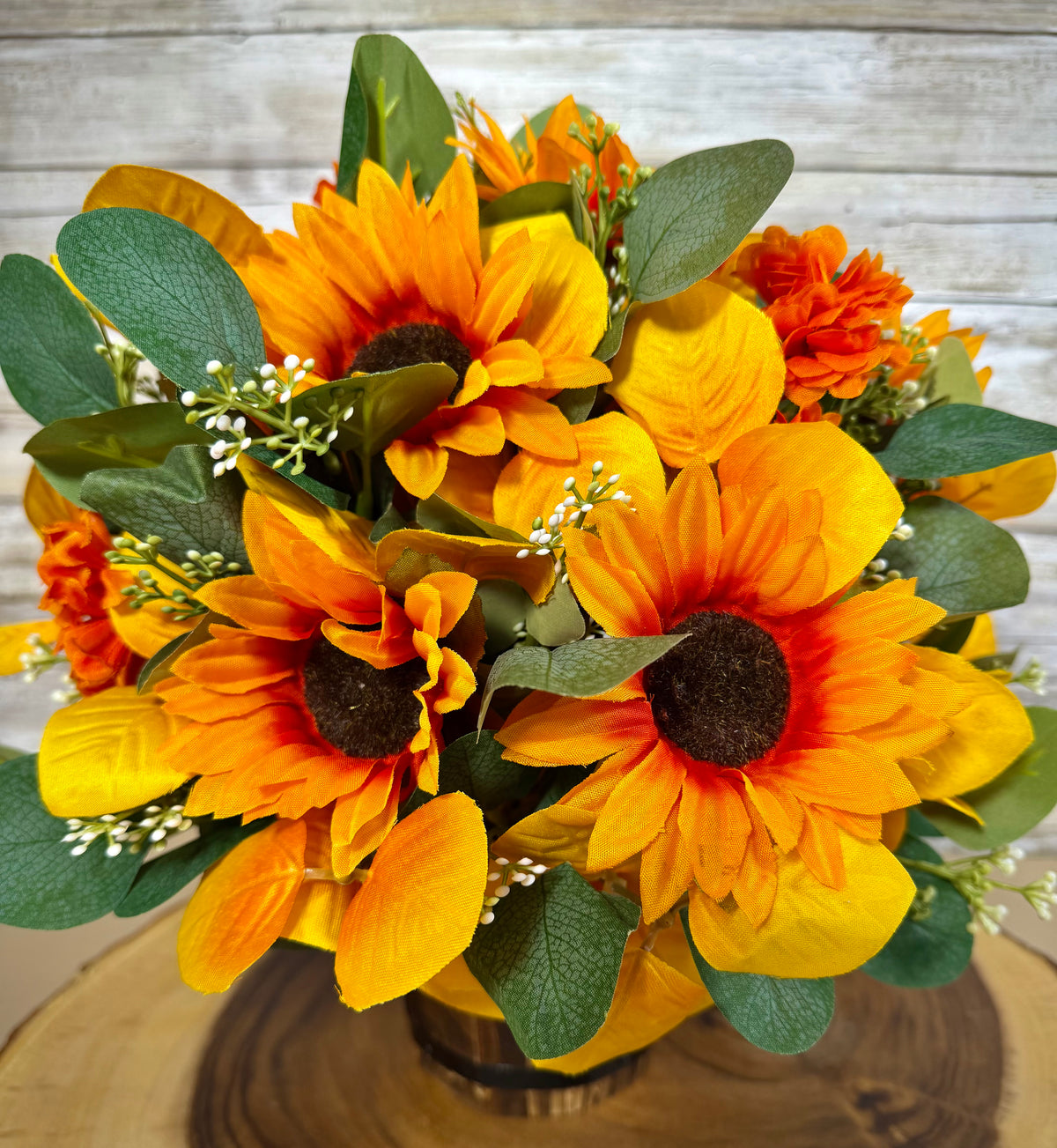 Fall Floral Arrangement | Rustic Mini Barrel with Sunflowers