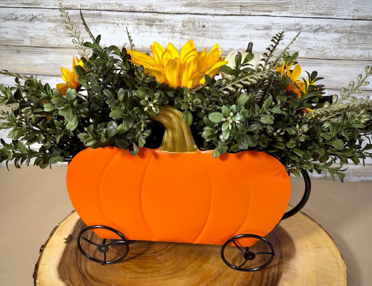 Fall Pumpkin Wagon Floral Arrangement | Sunflowers & Orange Flowers