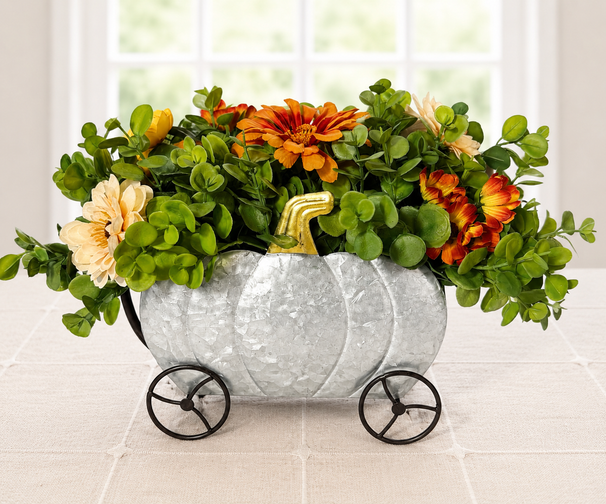 Silver Galvanized Pumpkin Wagon Fall Floral Arrangement