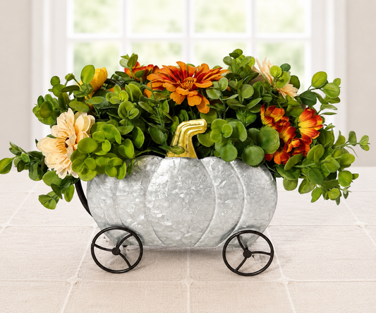 Silver Galvanized Pumpkin Wagon Fall Floral Arrangement
