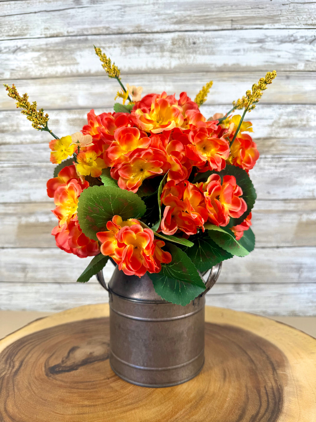 Fall Floral Arrangement, Orange Yellow Faux Flowers, Rustic Metal Bucket, Farmhouse Fall Decor