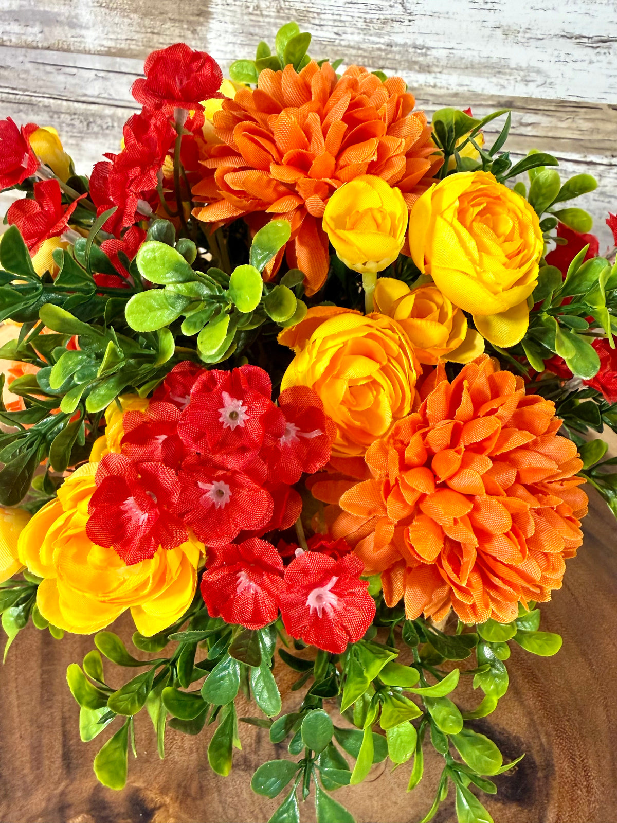 Orange & Yellow Handmade Floral Arrangement – Rustic Wooden Base