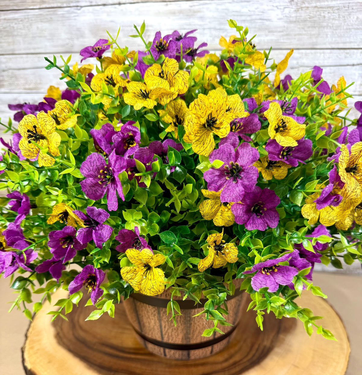 Handmade Floral Arrangement – Sunflowers & Roses, Rustic Wooden Barrel