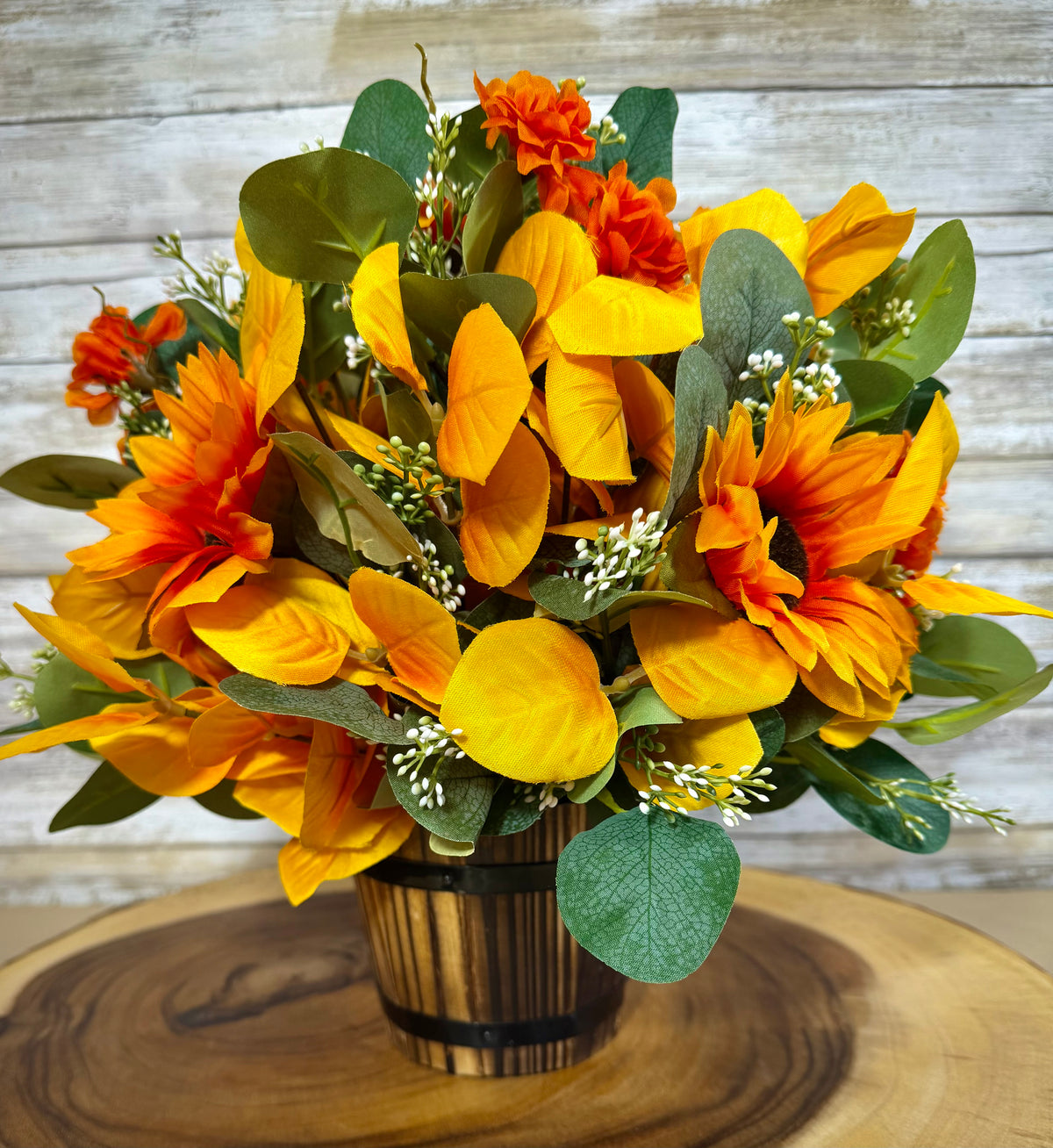 Fall Floral Arrangement | Rustic Mini Barrel with Sunflowers