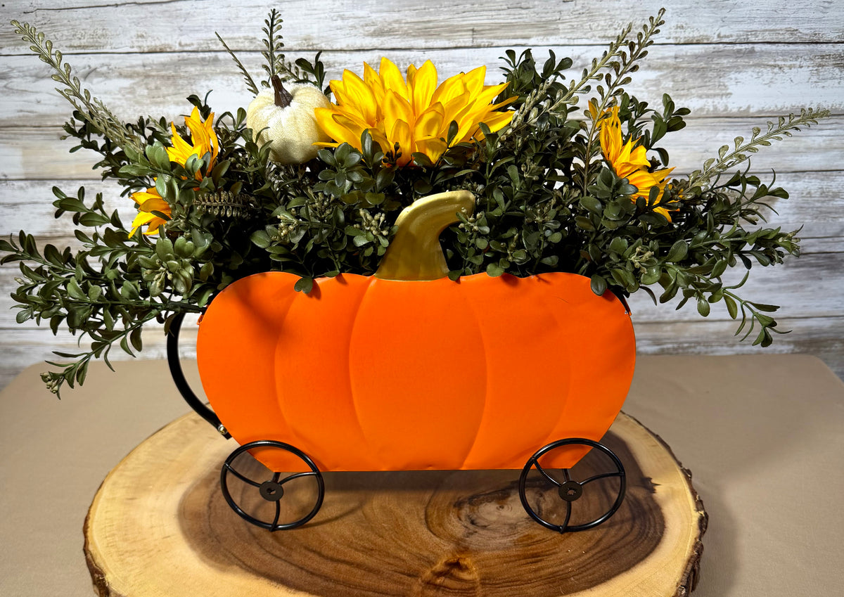 Fall Pumpkin Wagon Floral Arrangement | Sunflowers & Orange Flowers