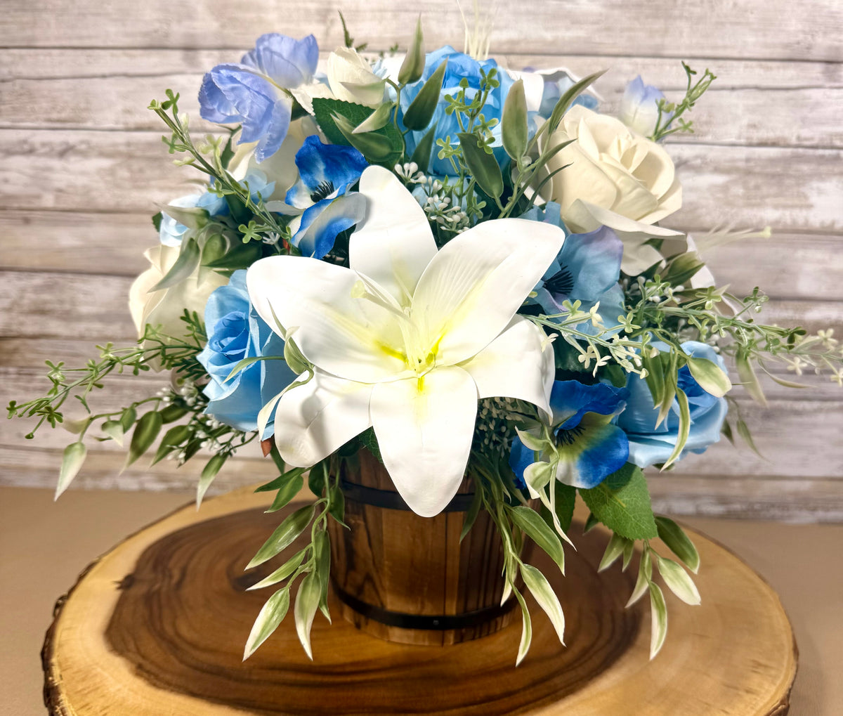 Handmade Floral Arrangement – Blue & White Faux Flowers, Rustic Wooden Barrel