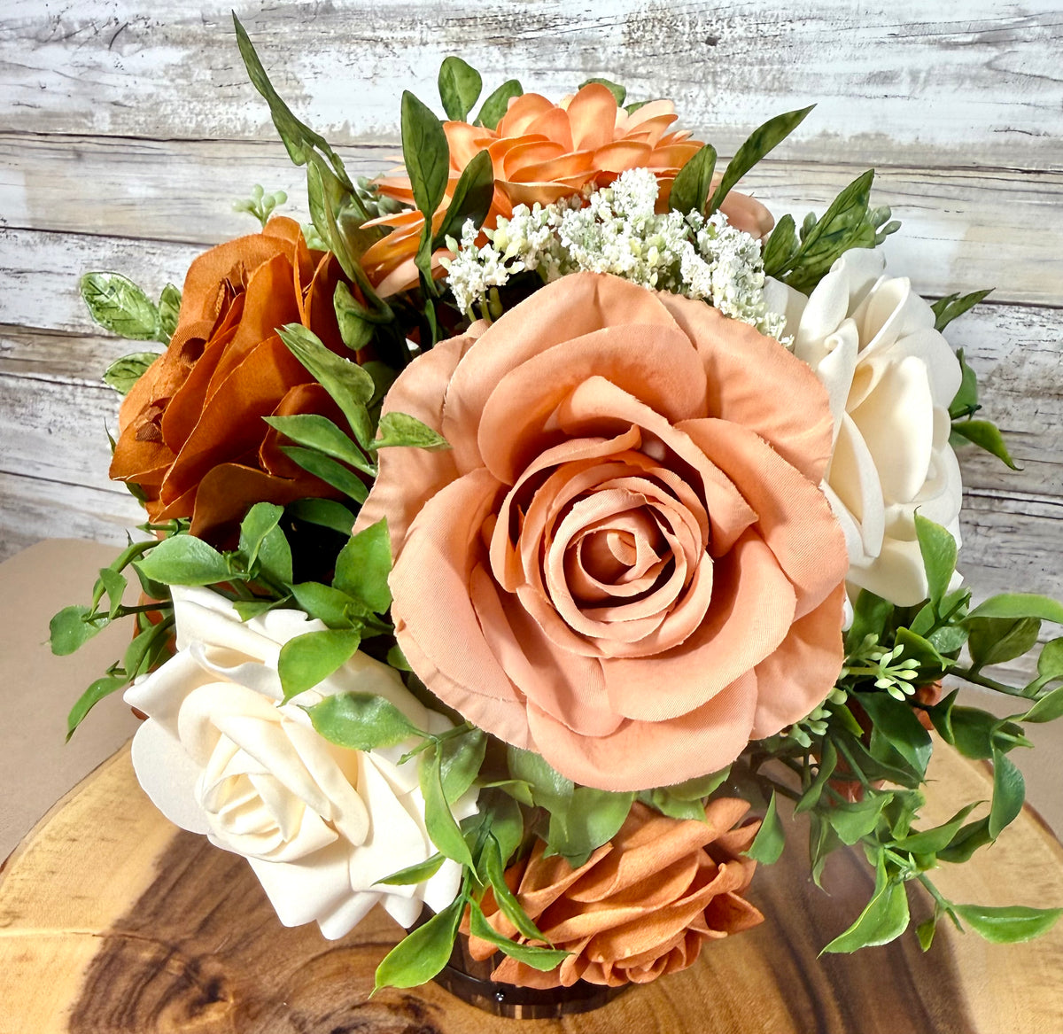 Handmade Floral Arrangement – Cream & Tan Faux Roses, Rustic Wooden Barrel