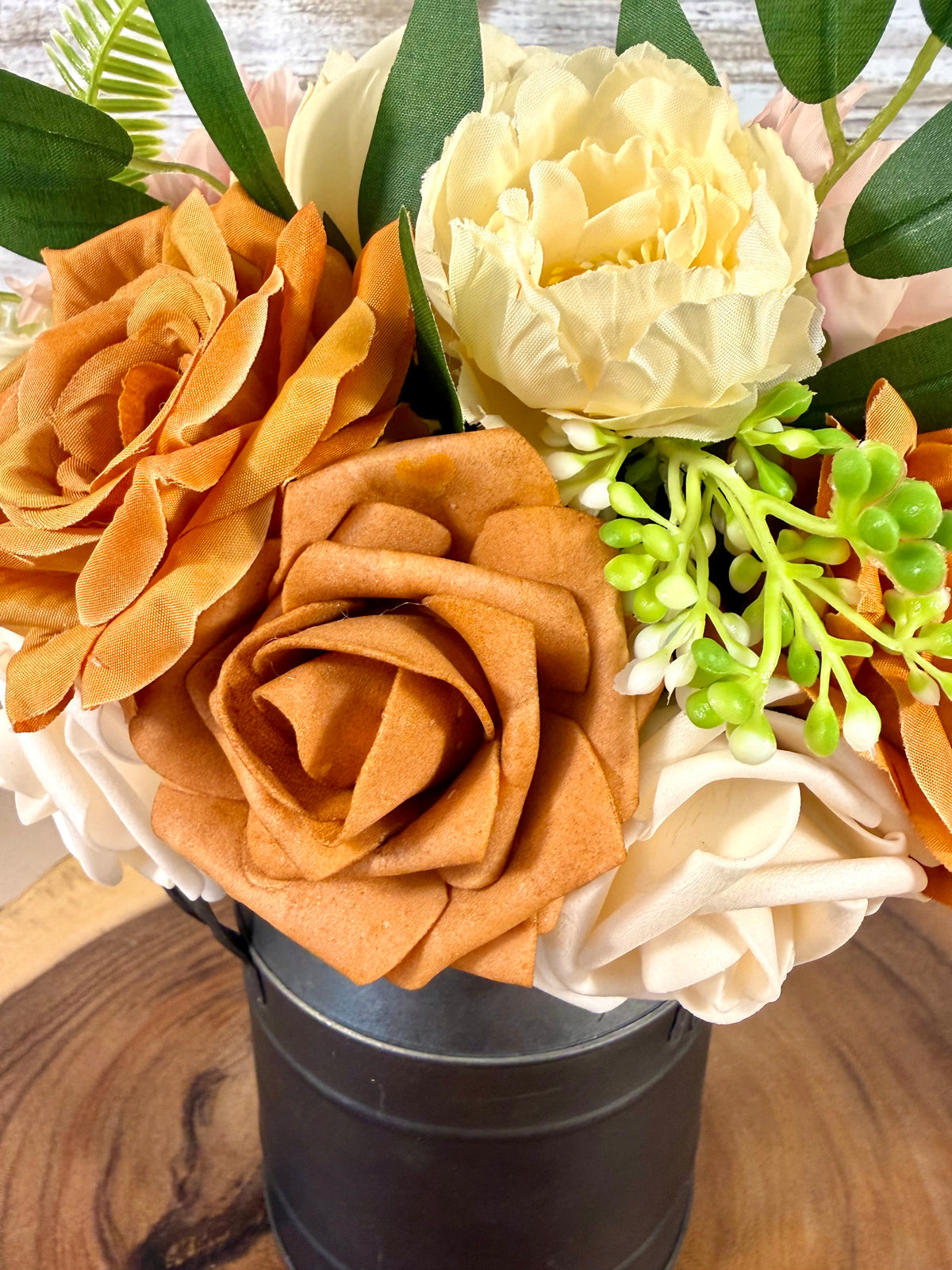 Handmade Floral Arrangement – Cream & Blush Roses, Black Metal Milk Can