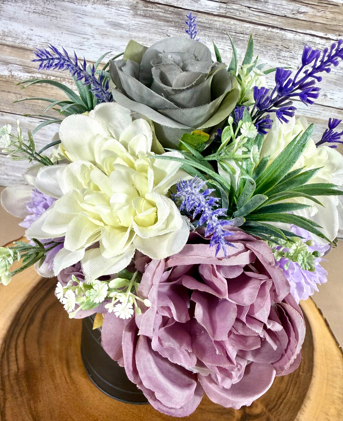 Handmade Floral Arrangement – Lavender, White & Green Flowers, Galvanized Milk Can
