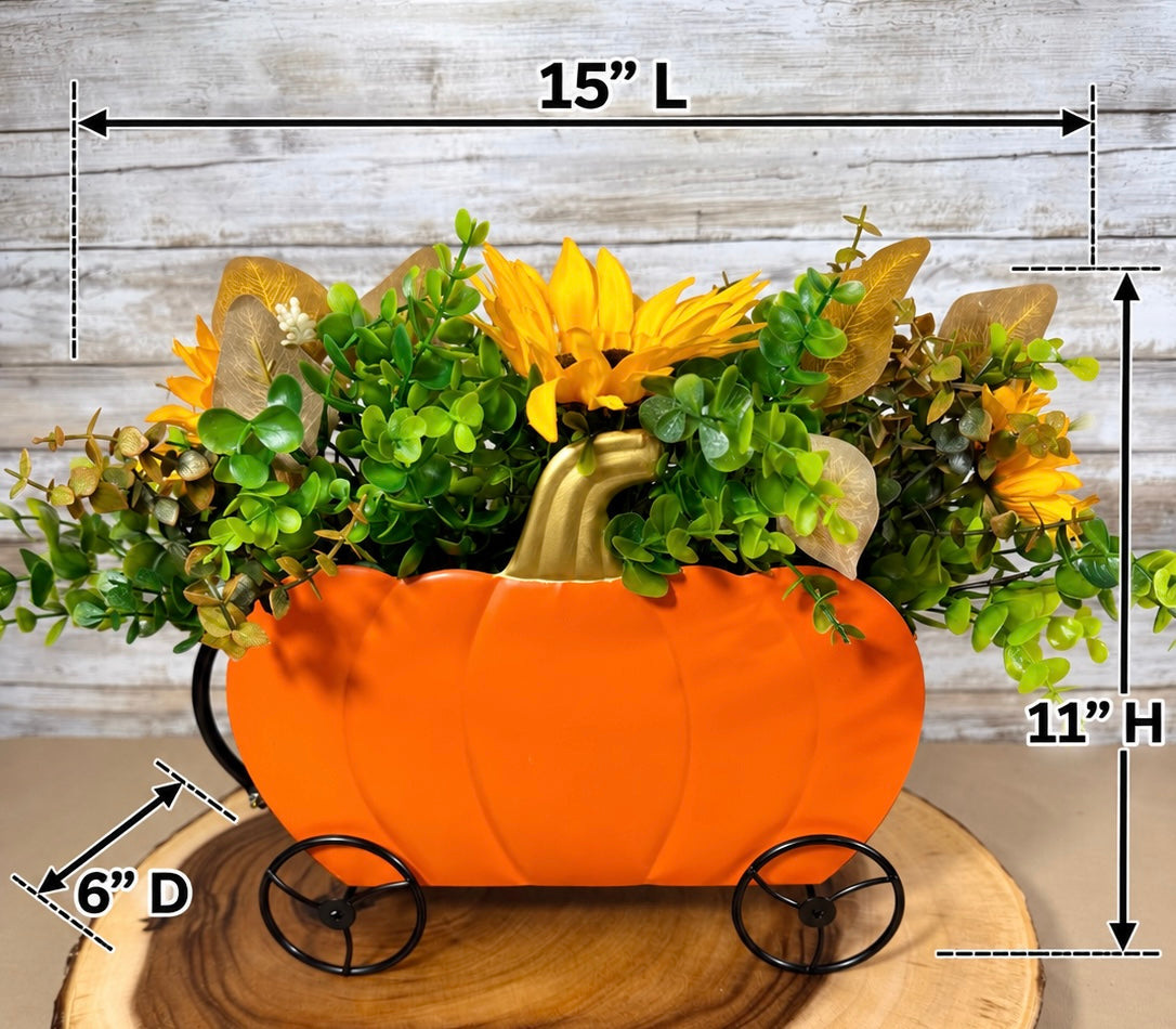 Pumpkin Carriage Fall Floral Arrangement – Yellow Sunflowers & Orange Flowers