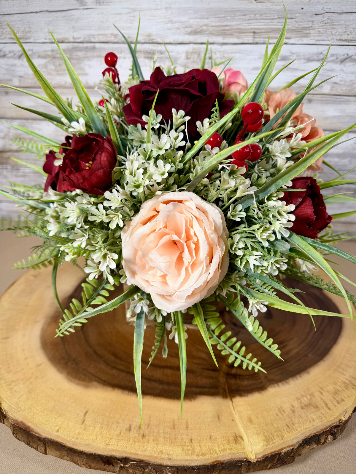Burgundy & Peach Fall Floral Arrangement | Wooden Container