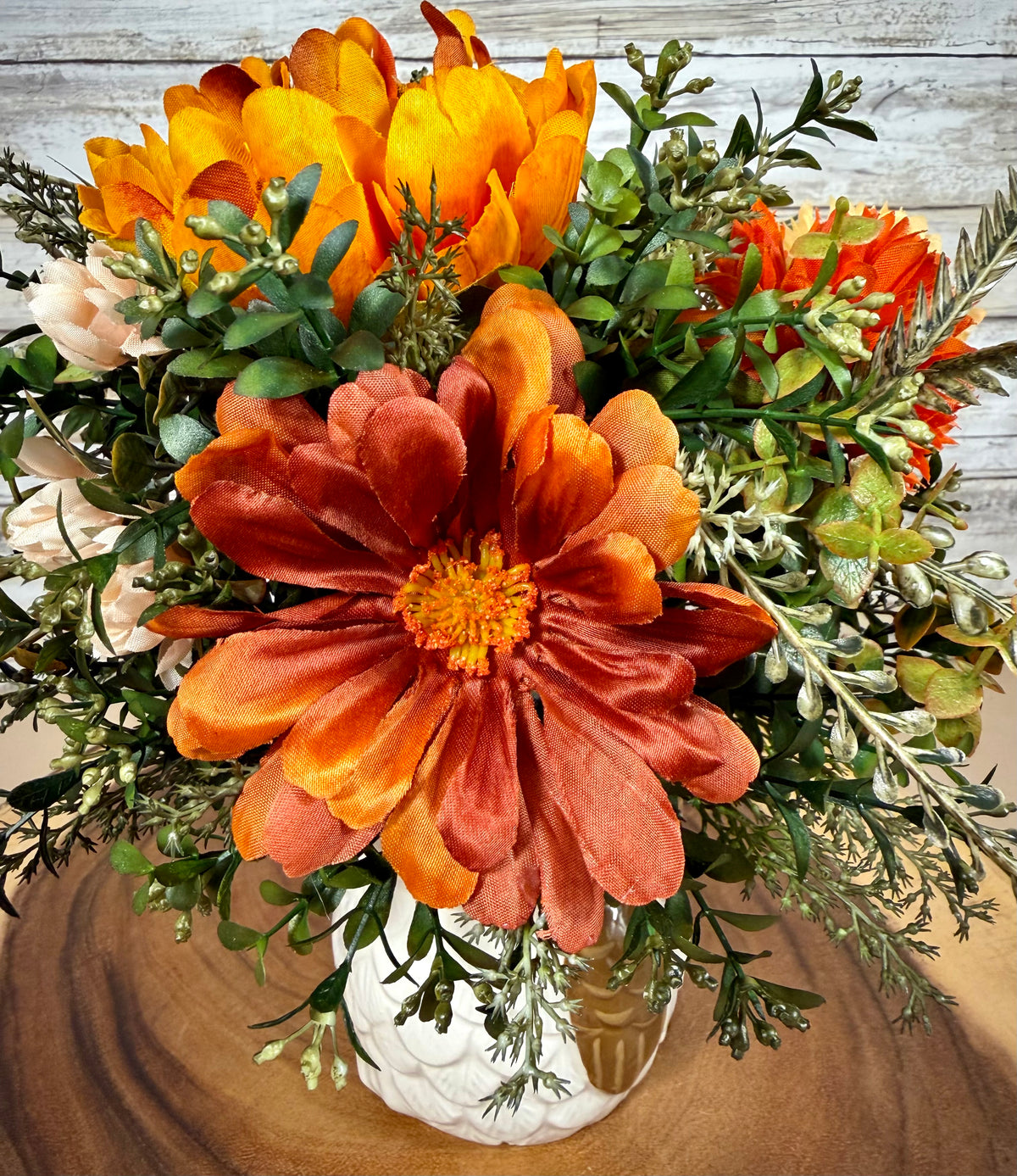Fall Owl Floral Arrangement – Orange & Cream Artificial Flowers
