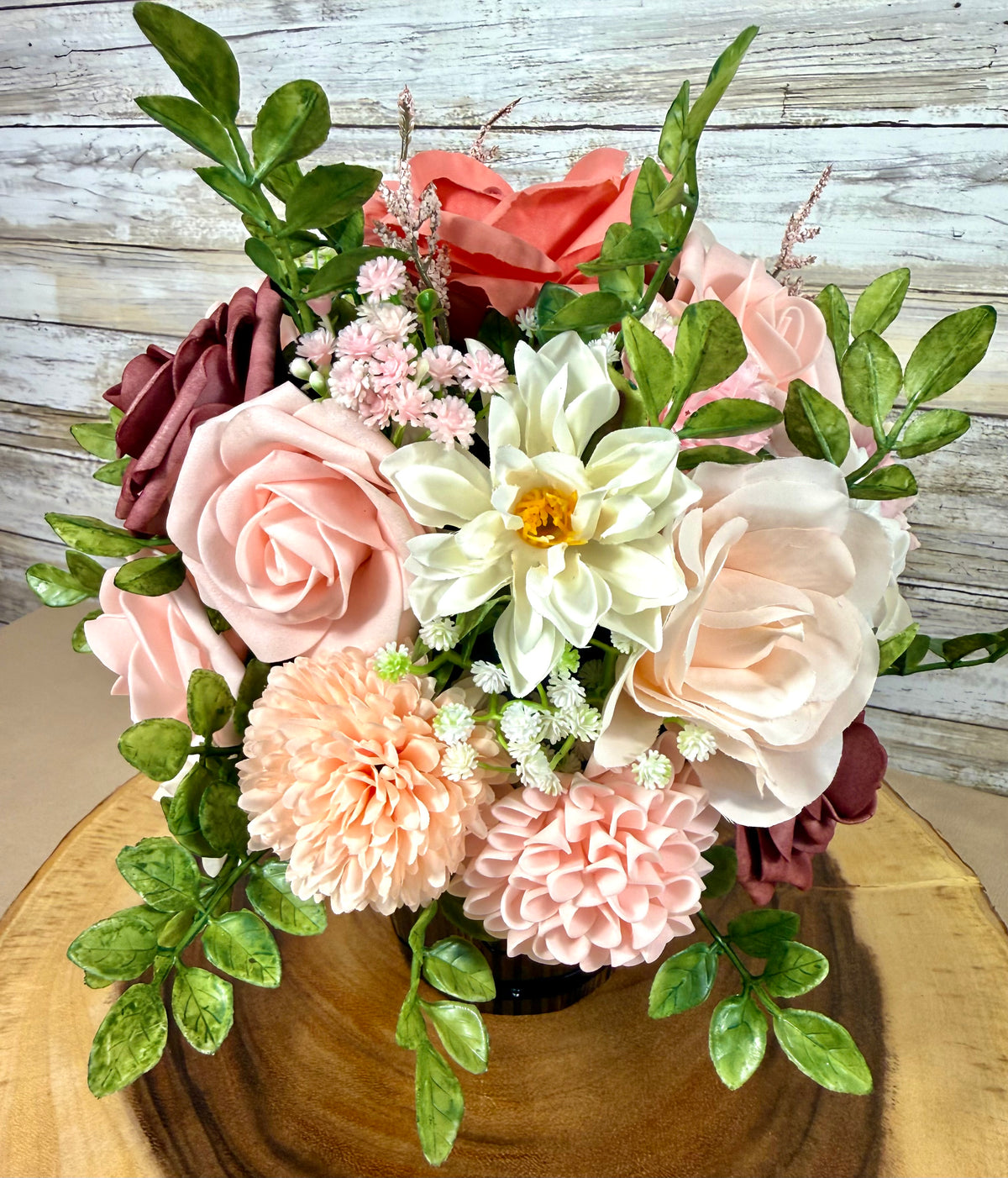Handmade Floral Arrangement – Blush Pink & Mauve Roses, Wooden Barrel
