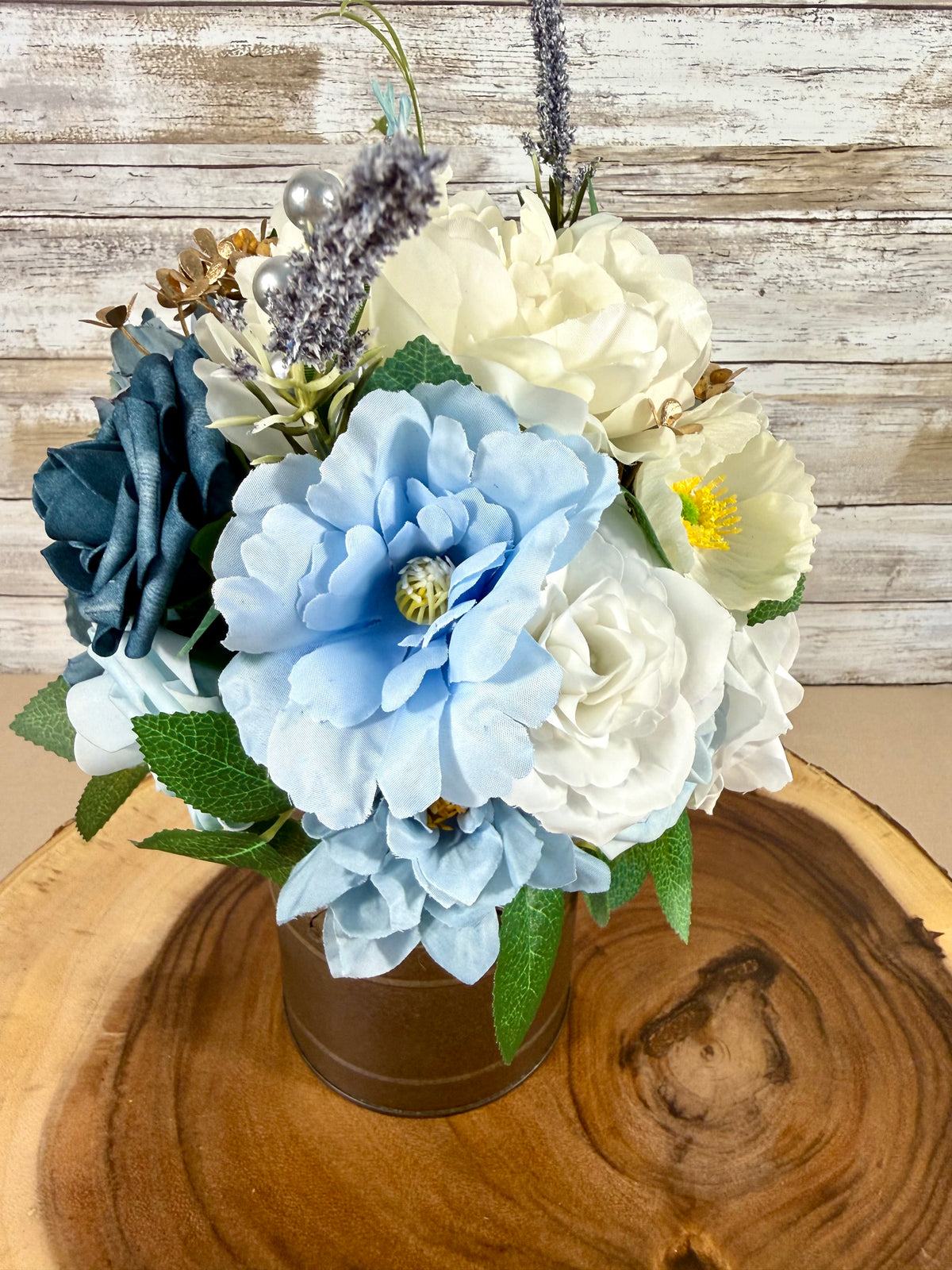 Blue & White Floral Arrangement in Rust Metal Container