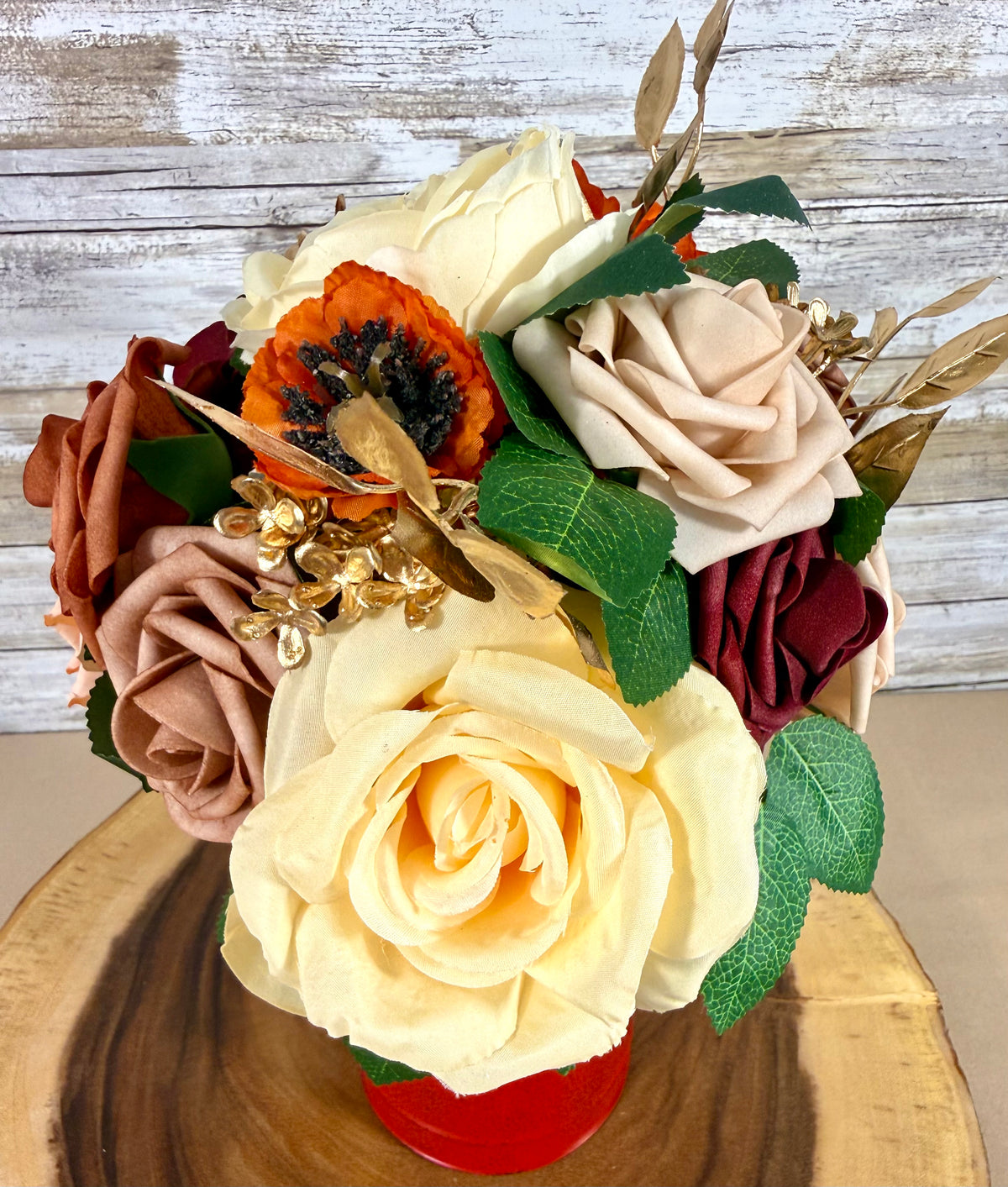Peach & Burgundy Floral Arrangement in Red Metal Container