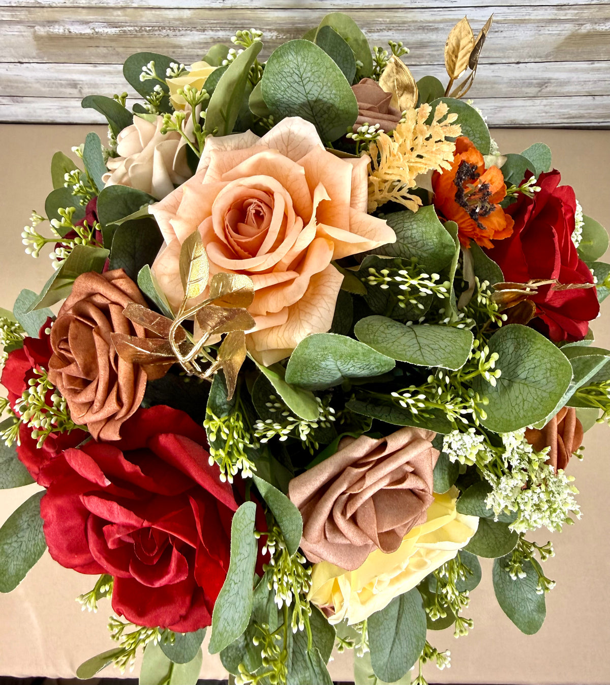 Burgundy & Cream Fall Floral Arrangement in Wooden Barrel