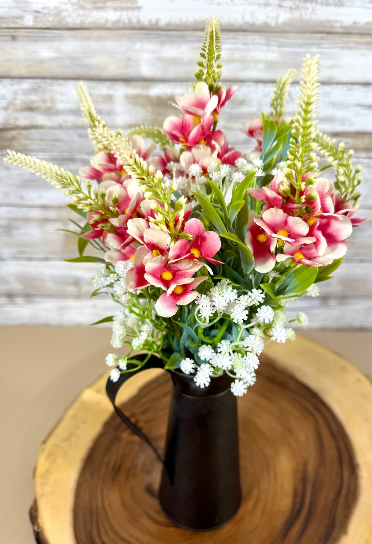 Handmade Floral Arrangement – Pink & White Wildflowers, Black Metal Pitcher