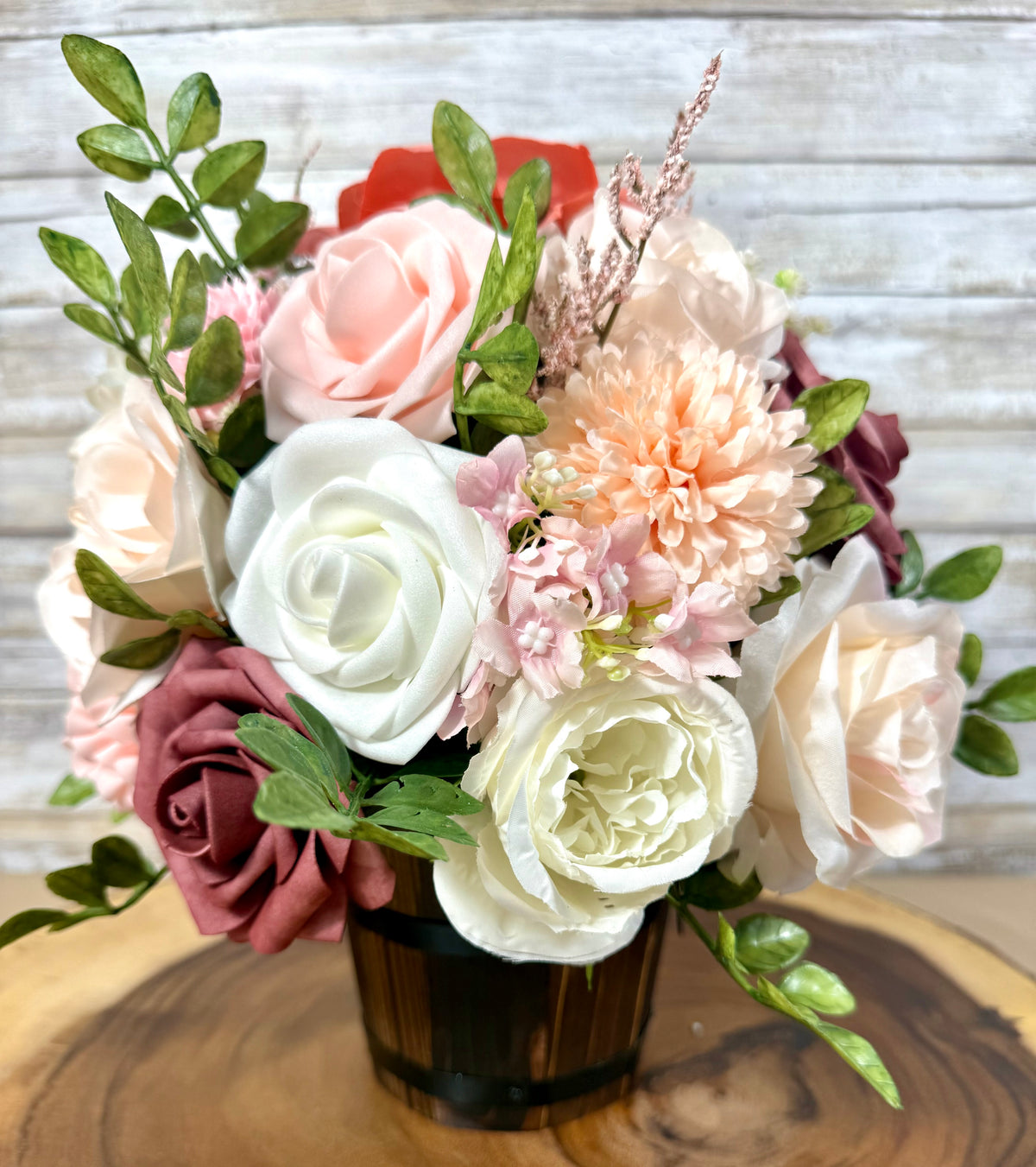 Handmade Floral Arrangement – Blush Pink & Mauve Roses, Wooden Barrel
