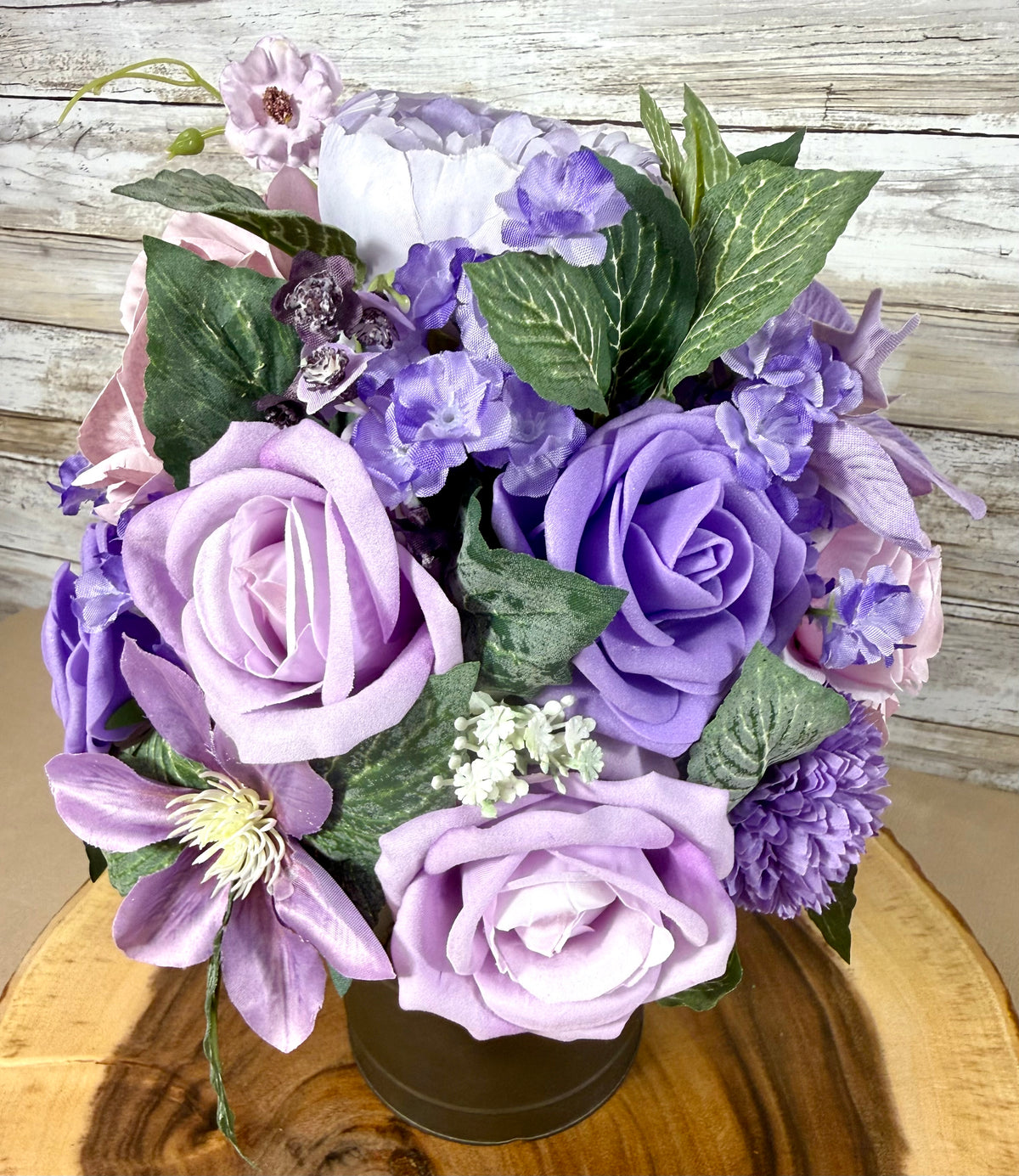 Lavender Purple Floral Arrangement in Black Metal Container