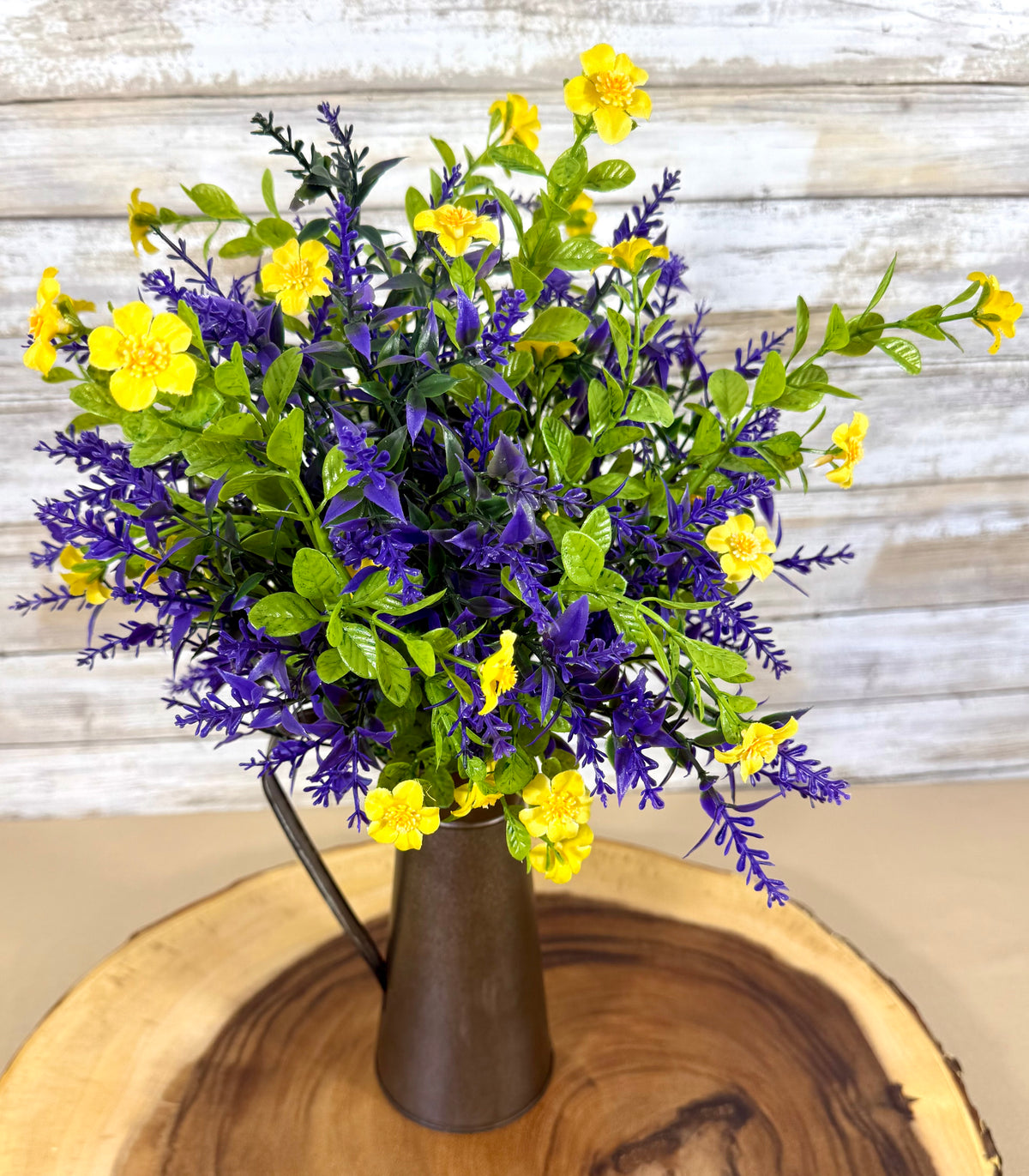 Handmade Floral Arrangement – Purple & Yellow Wildflowers, Rustic Metal Pitcher