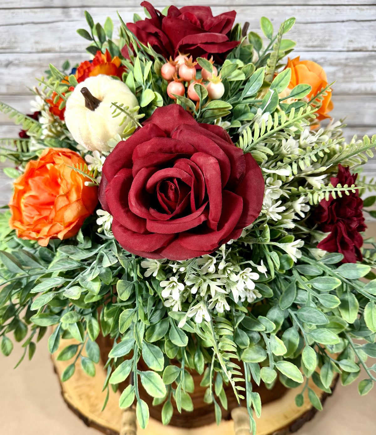 Large Fall Floral Arrangement | Orange Roses & Burgundy Dahlia Wheelbarrow