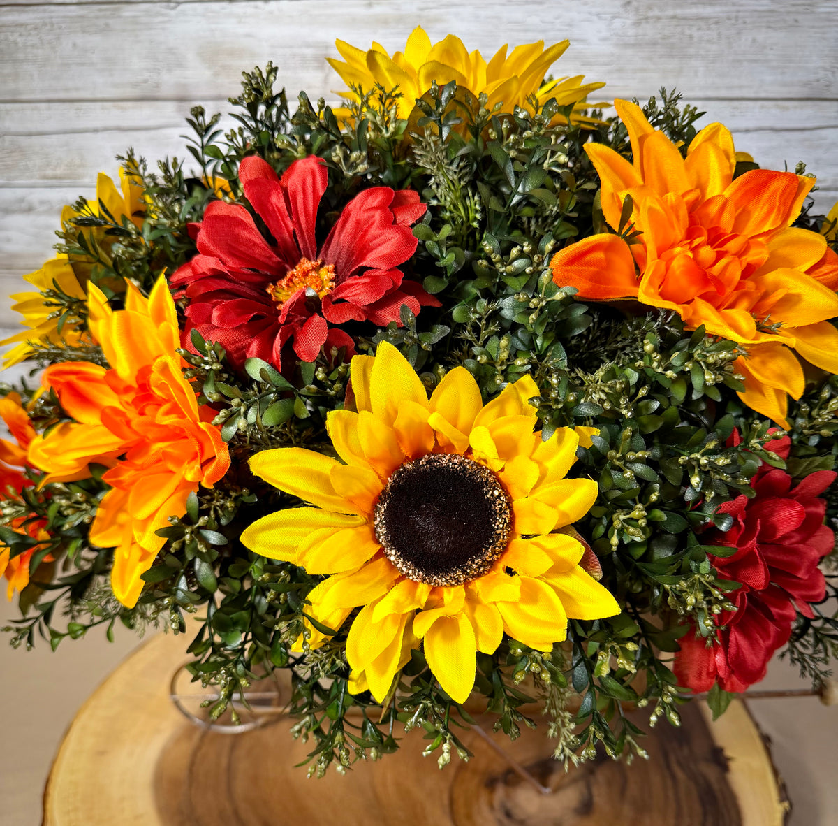 Large Fall Sunflower Arrangement | Orange Flowers & Metal Wheelbarrow