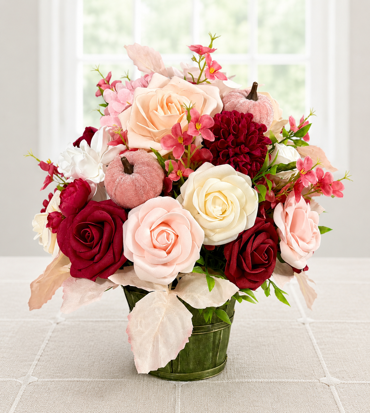 Fall Rose Floral Arrangement | Burgundy & Blush Foam Roses