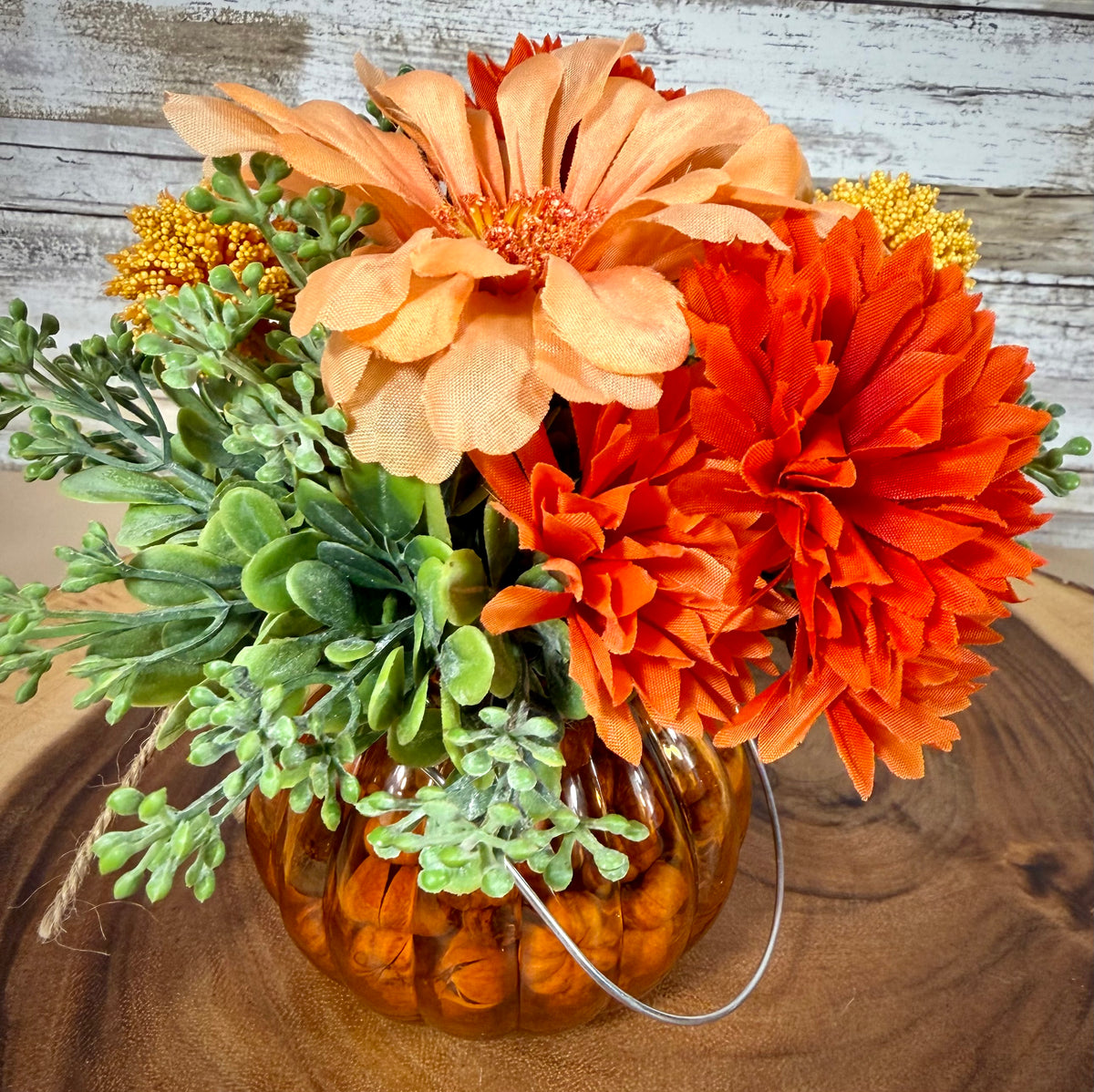 Small Fall Pumpkin Floral Arrangement – Orange & Peach Autumn Flowers