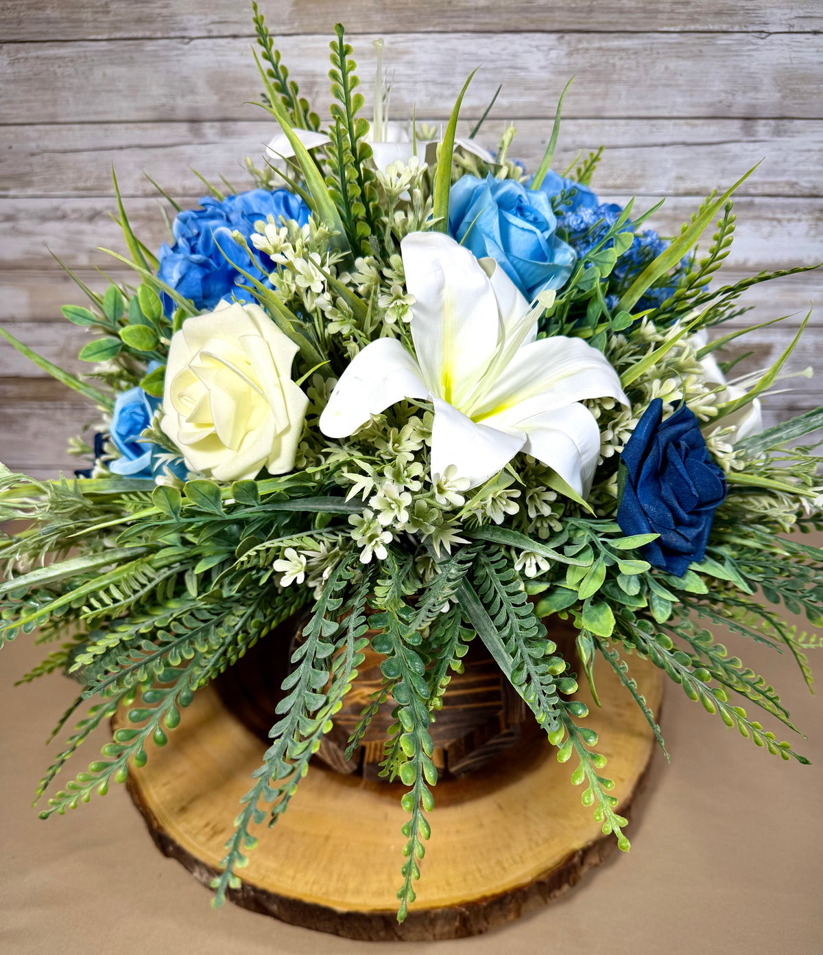 Blue & White Floral Arrangement – Handmade Lily & Rose Centerpiece