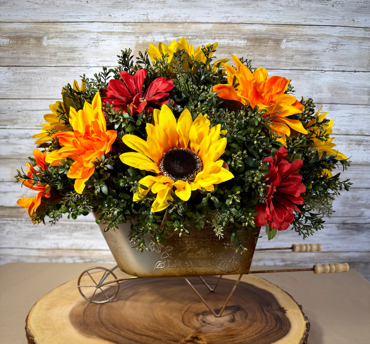 Large Fall Sunflower Arrangement | Orange Flowers & Metal Wheelbarrow
