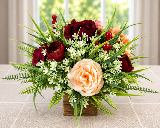 Burgundy & Peach Fall Floral Arrangement | Wooden Container