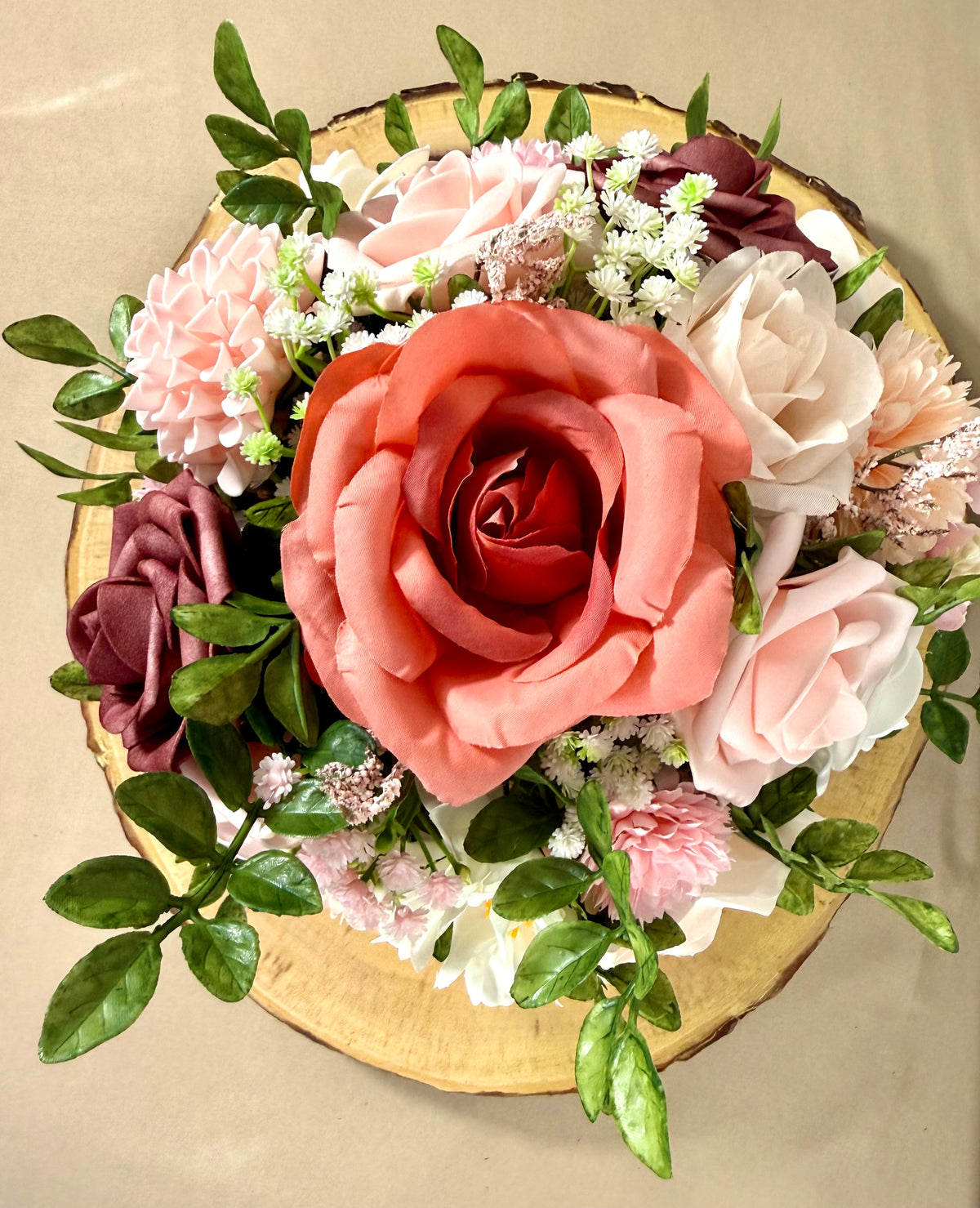 Handmade Floral Arrangement – Blush Pink & Mauve Roses, Wooden Barrel