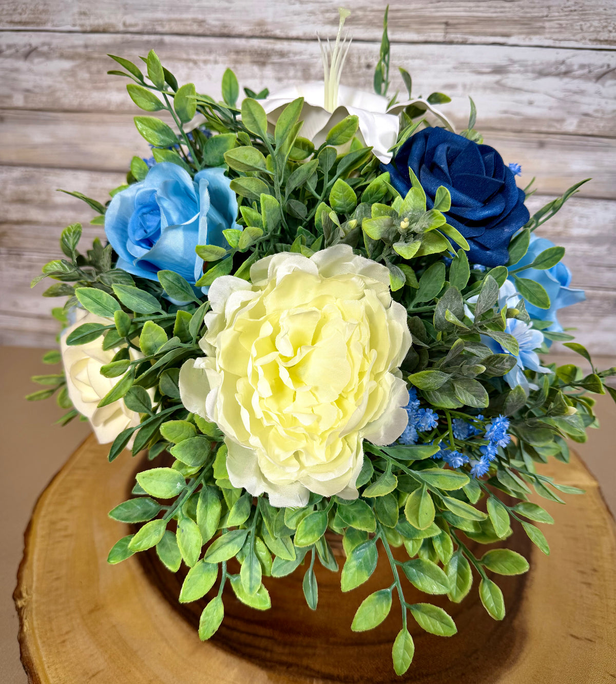 Blue & White Floral Arrangement – Handmade Lily & Rose Decor