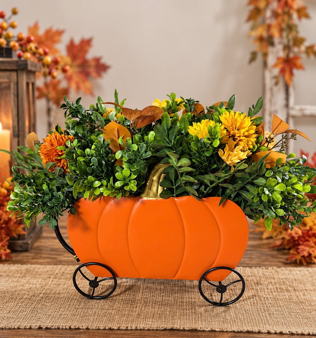 Pumpkin Carriage Fall Floral Arrangement – Orange Artificial Flowers & Greenery