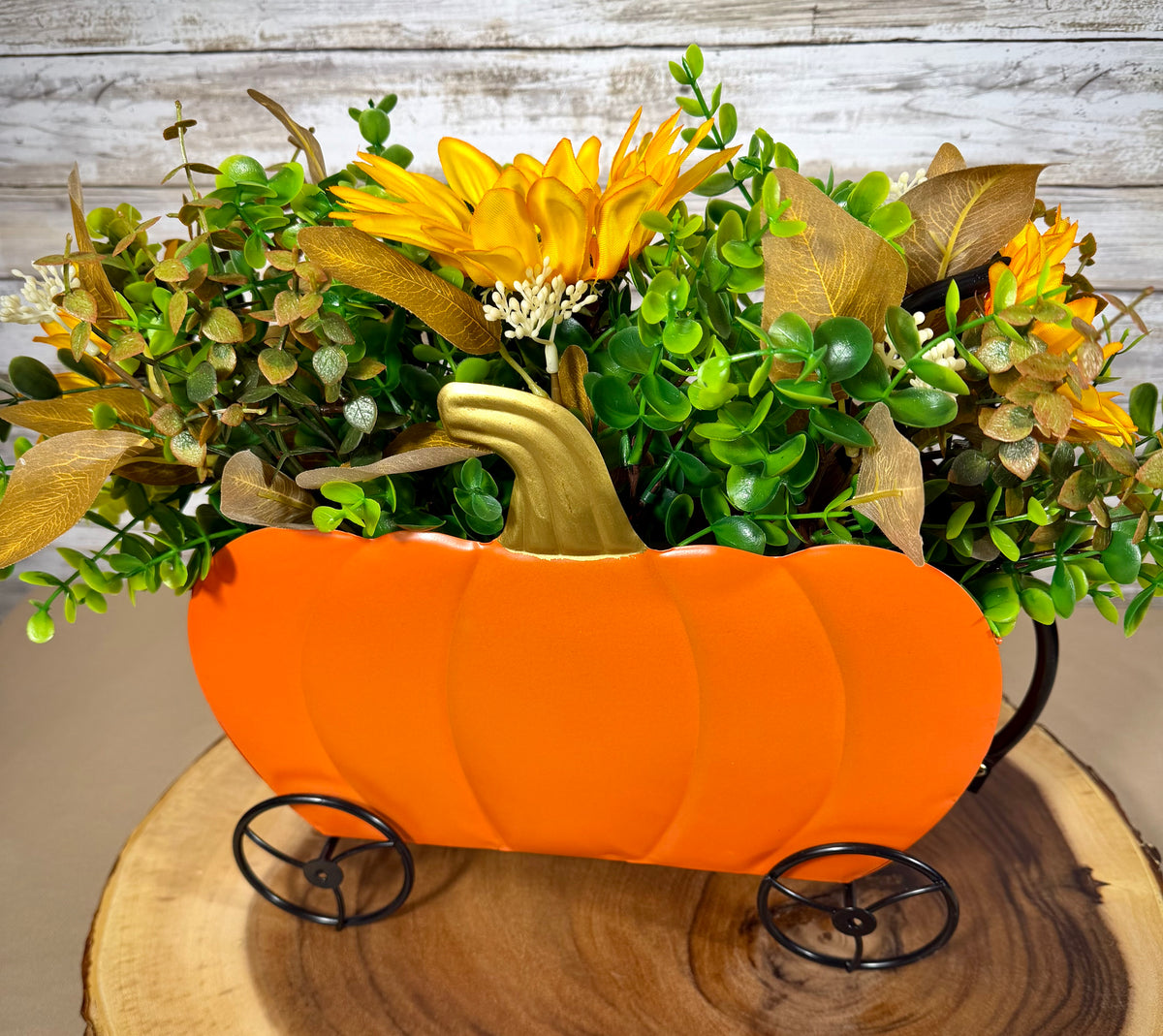 Pumpkin Carriage Fall Floral Arrangement – Yellow Sunflowers & Orange Flowers