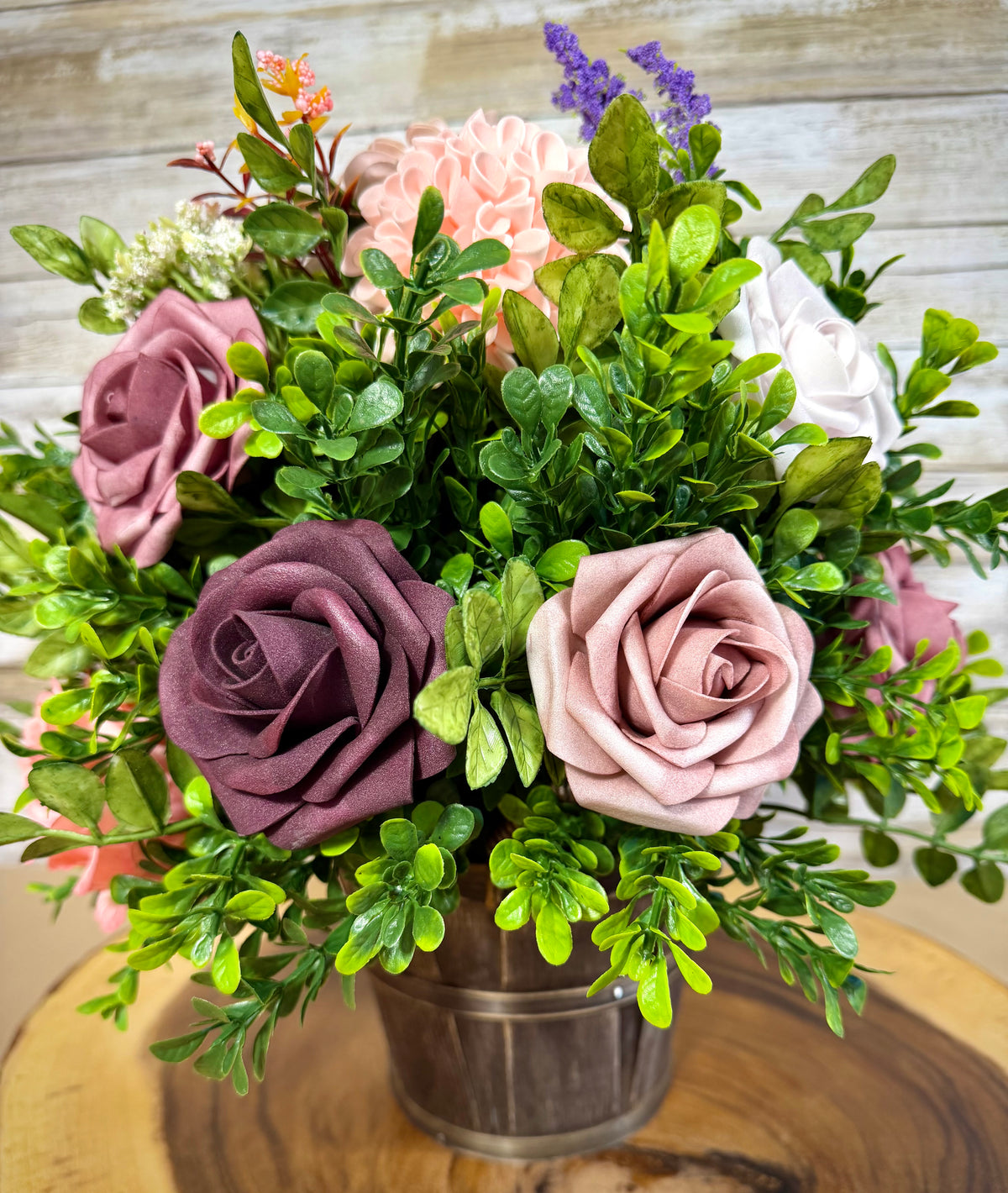 Handmade Purple & Gray Floral Arrangement – Rustic Bucket Decor
